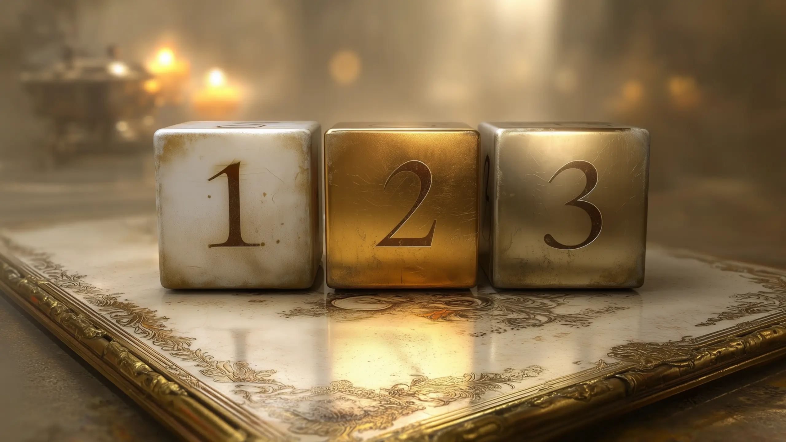 Κύβοι με τους αριθμούς 1, 2 και 3 σε χρυσό φωτισμό, συμβολική εικόνα της Μονάδας, της Δυάδας και της Τριάδας στη δημιουργία.