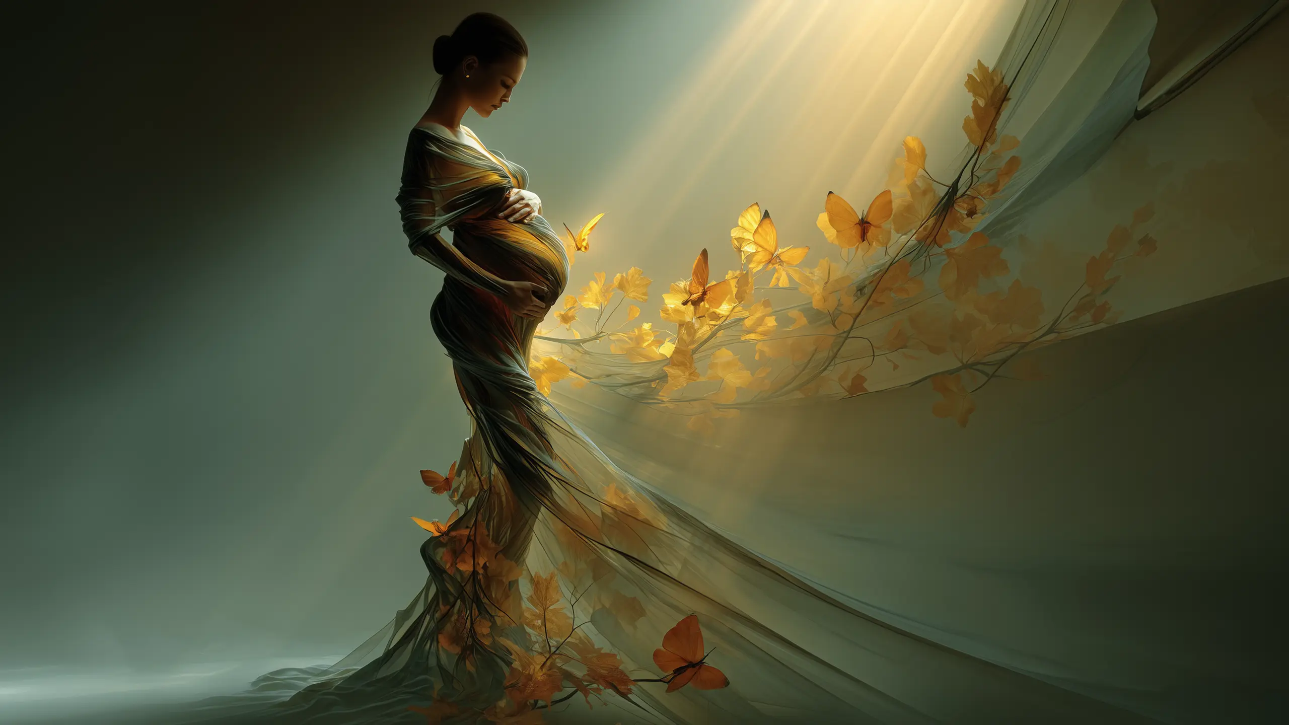 Έγκυος γυναικεία μορφή μέσα σε φως και φύλλα, συμβολική εικόνα της θηλυκής δημιουργικής δύναμης και της γέννησης της ζωής.