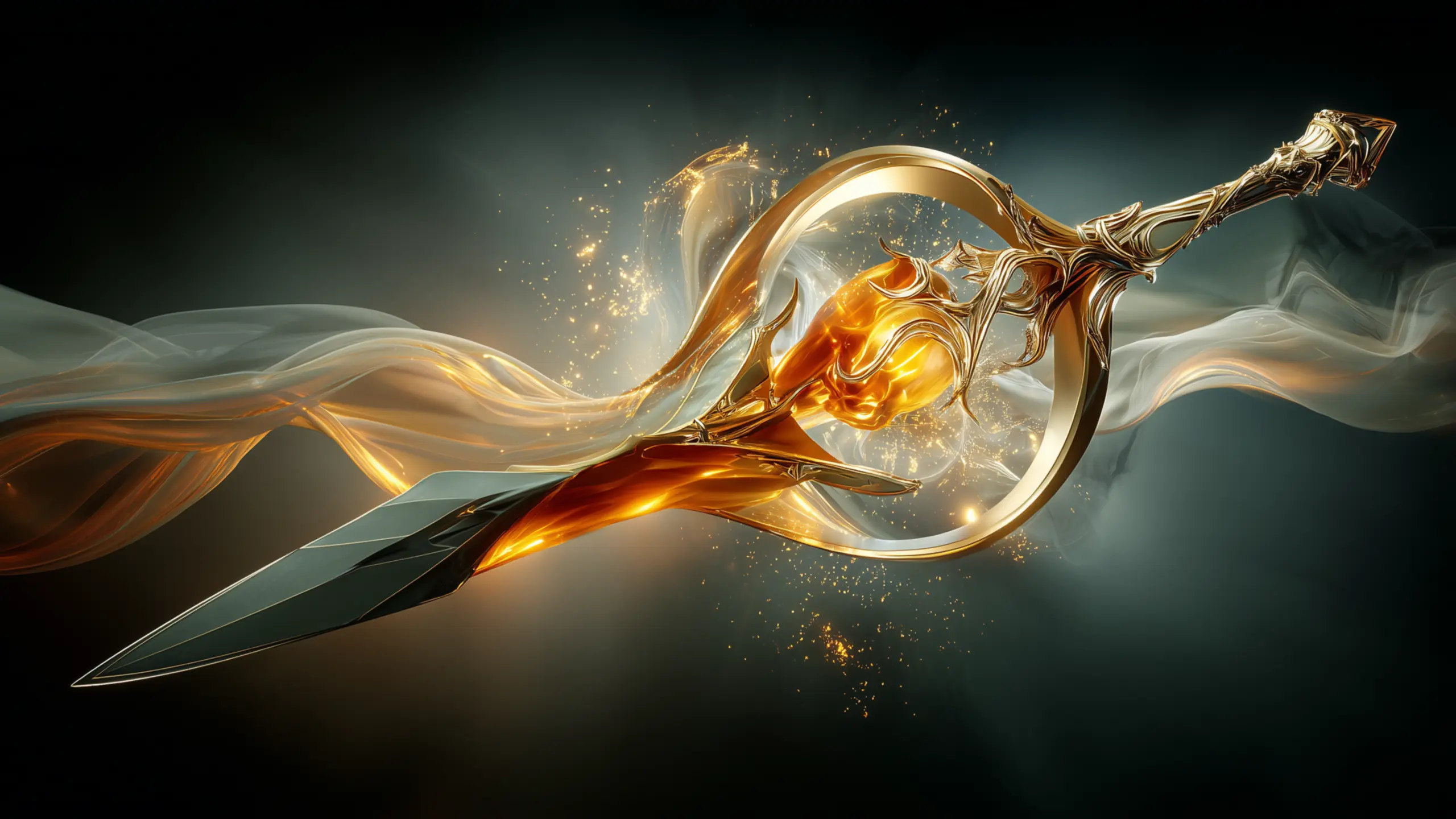 Xρυσό στιλέτο ή αιχμή δόρατος που περιβάλλεται από σπίθες και καπνό, συμβολίζοντας τη δυναμική ενέργεια του Άρη.