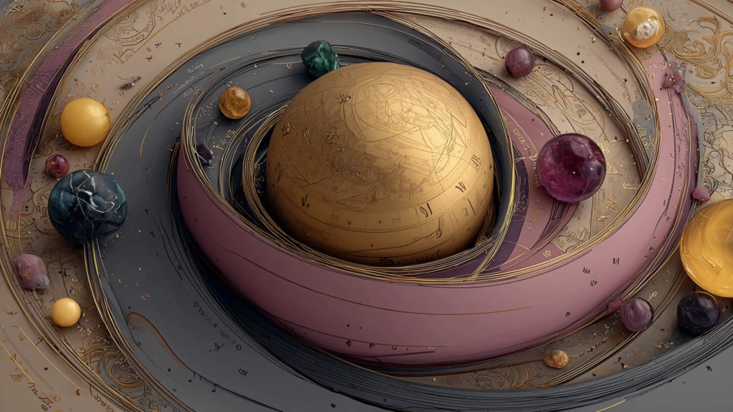 An artistic orrery model representing astrology and planetary tracks with a central golden celestial globe, swirling tracks in pink and grey, and various gemstone planets.