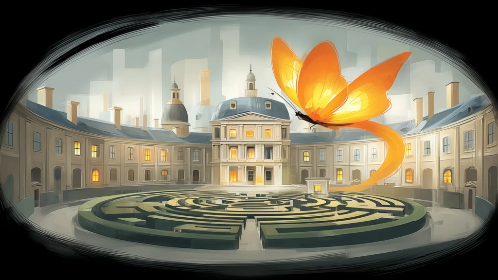 Συμβολική απεικόνιση ενός λαβυρίνθου σε προαύλιο σχολής με μια φωτεινή πορτοκαλί πεταλούδα, μέσα σε οβάλ πλαίσιο.