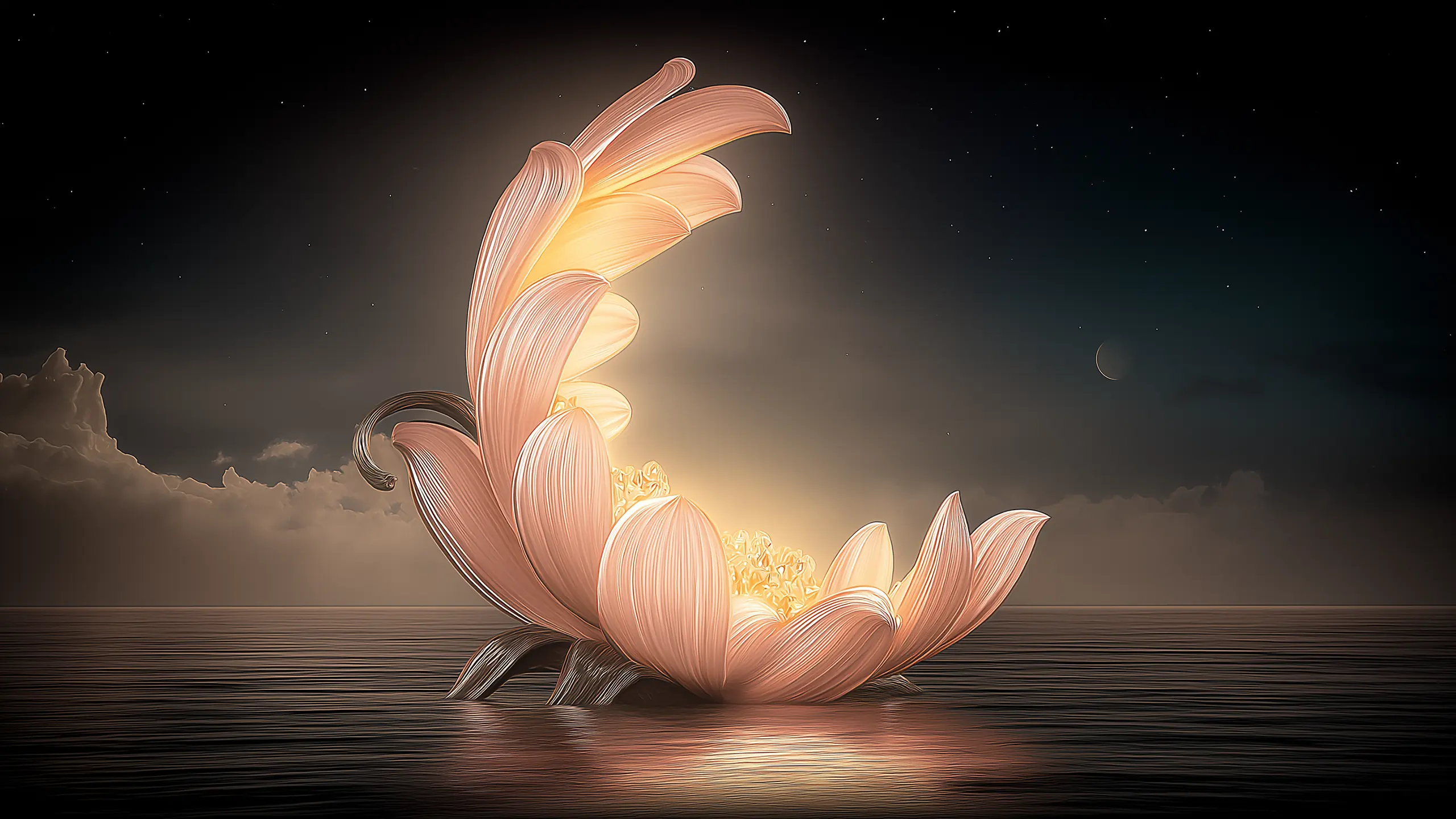 Φωτεινό λουλούδι που αναδύεται από το νερό κάτω από τη Σελήνη, συμβολίζοντας την ενεργοποίηση της γενέθλιας Σελήνης.